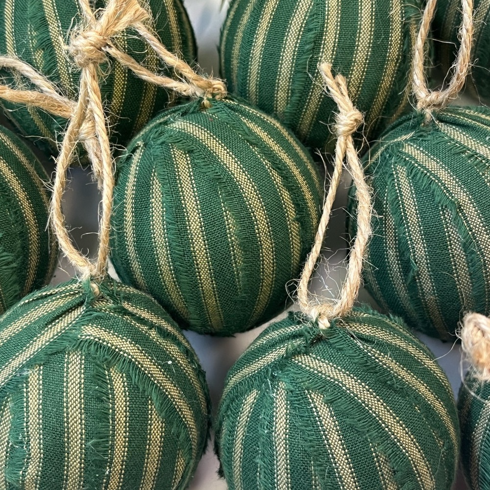 10 Primitive green stripe Fabric RAG BALLS Christmas Ornaments farmhouse decor
